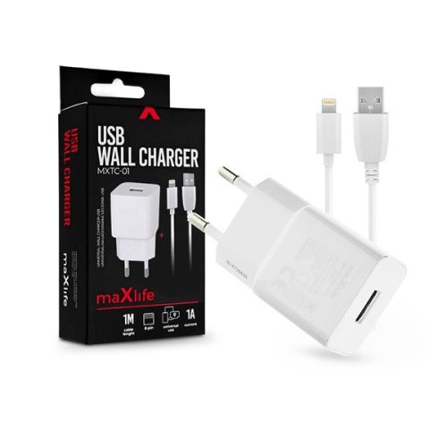 Maxlife TF-0101 univerzális fehér hálózati töltő adapter + 1m Lightning töltő és adatkábel