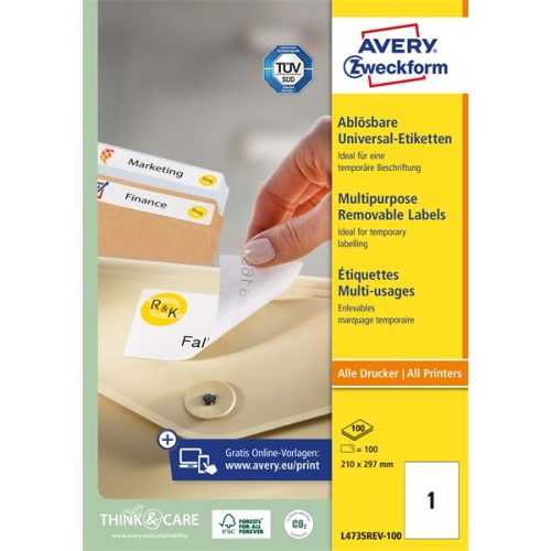 Avery L4735REV-100 210x297mm univerzális visszaszedhető 100db-os etikett