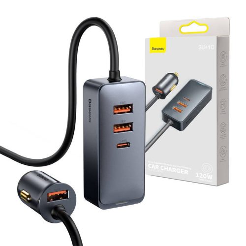 Baseus Share Together autós töltő hosszabbítóval, 3x USB, USB-C, 120W (szürke)