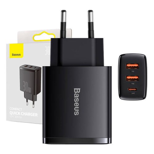 Baseus kompakt gyorstöltő, 2xUSB, USB-C, PD, 3A, 30 W (fekete)