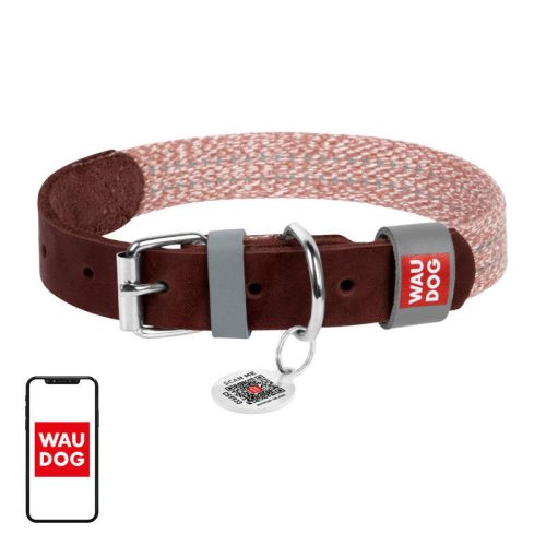 Dog collar made of natural leather and recycled material with QR code Waudog size S, width 15 mm, brown